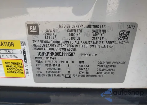 2014 Chevrolet Traverse 2Lt from USA, damaged, VIN 1GNKRHKD0EJ111587